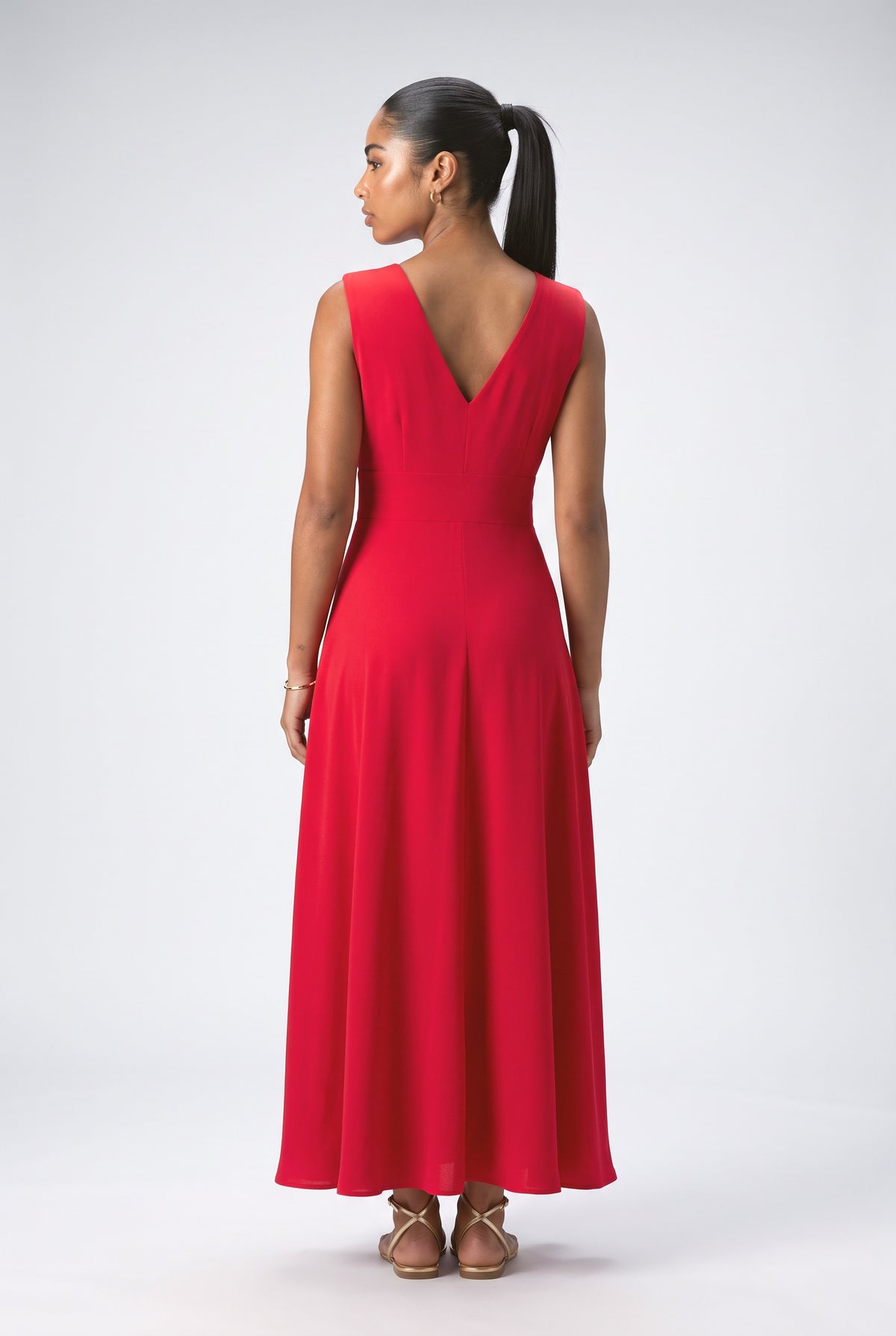 Red V-Neck Maxi Dress, back view
