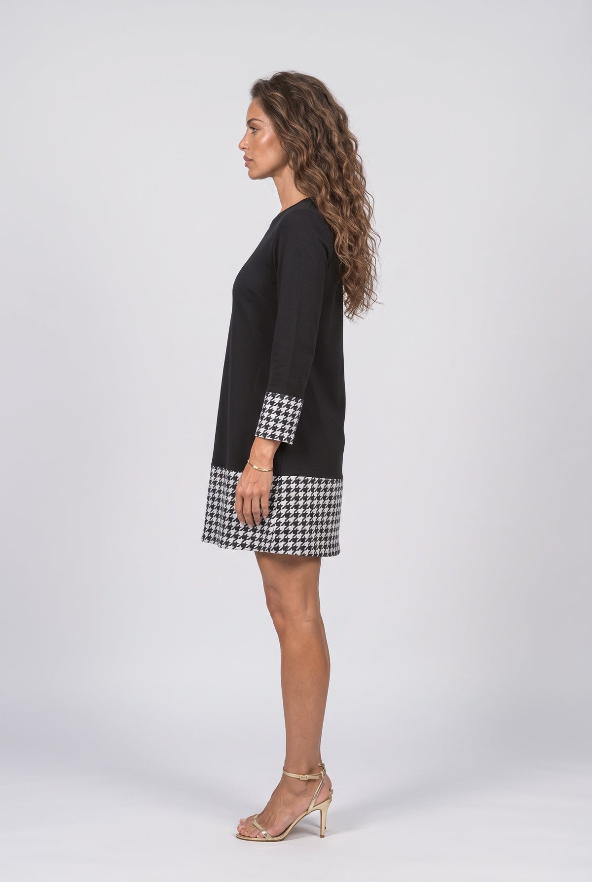 Black Plaid A-Line Long Sleeve Dress, back view