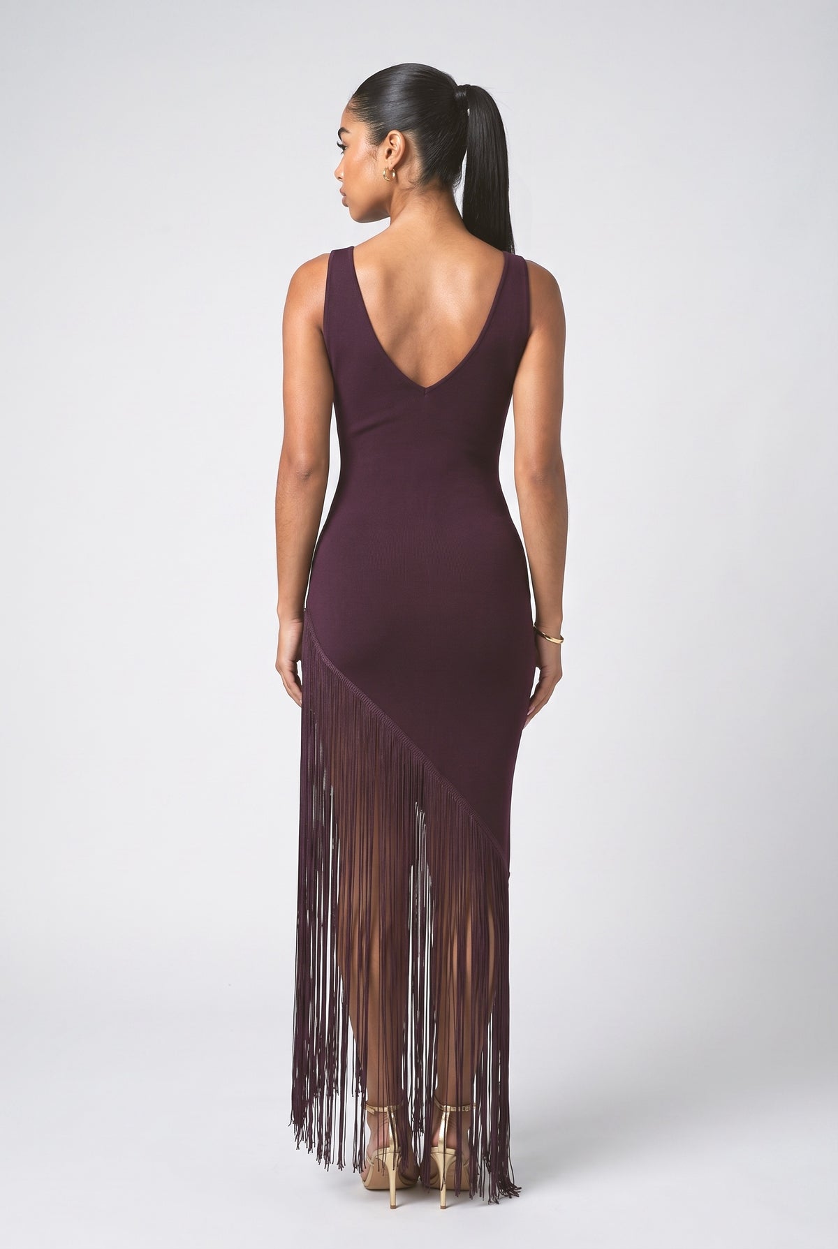 V-Neck Fringe Maxi Dress, back view
