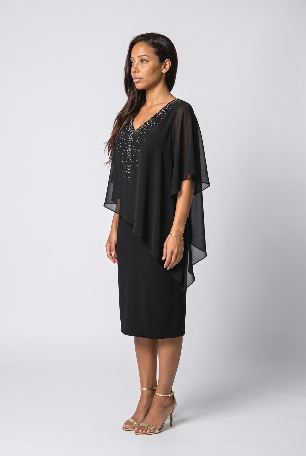 Chiffon V-Neck Cape Midi Dress, back view