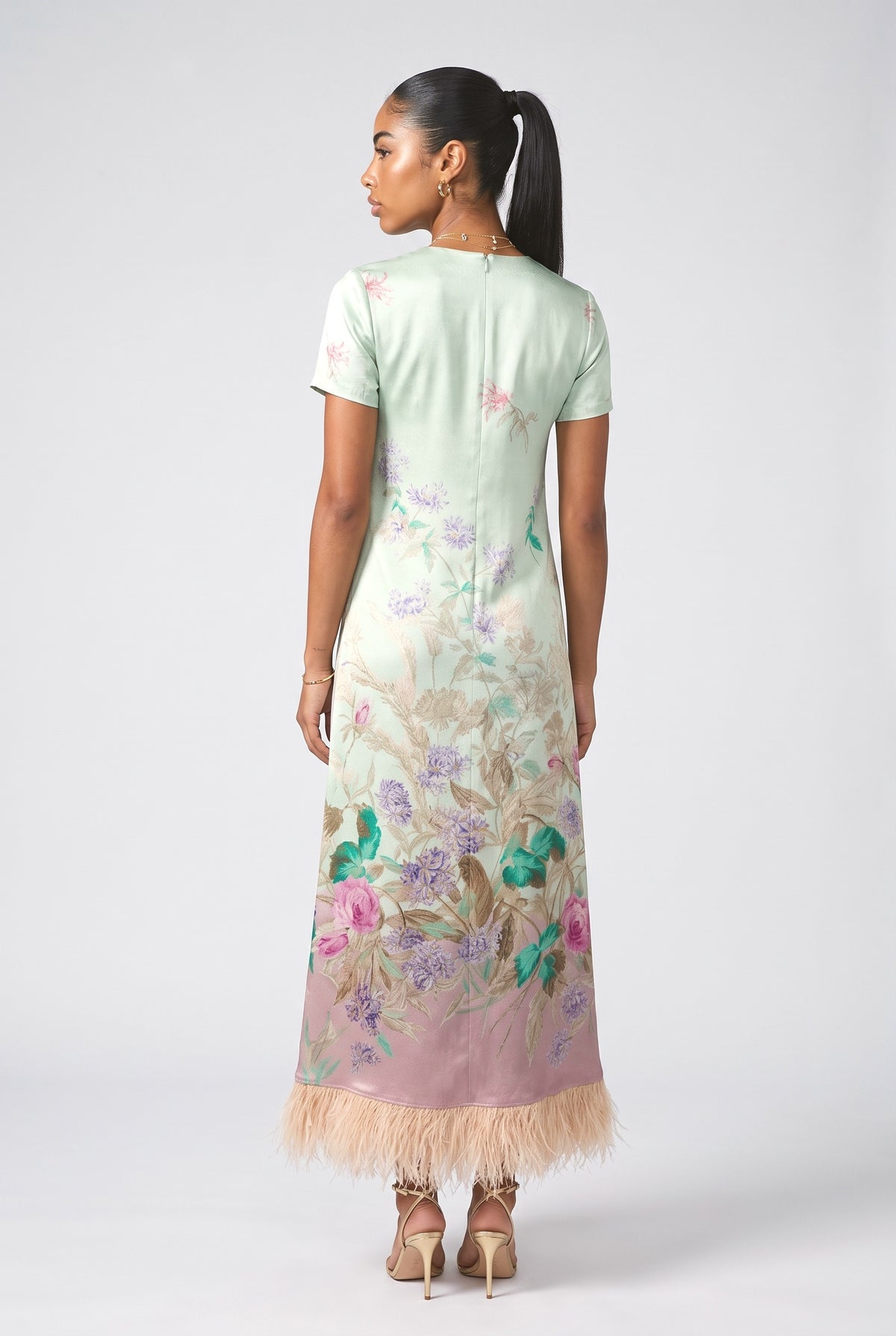 Floral Feather Trim Maxi Dress, back view