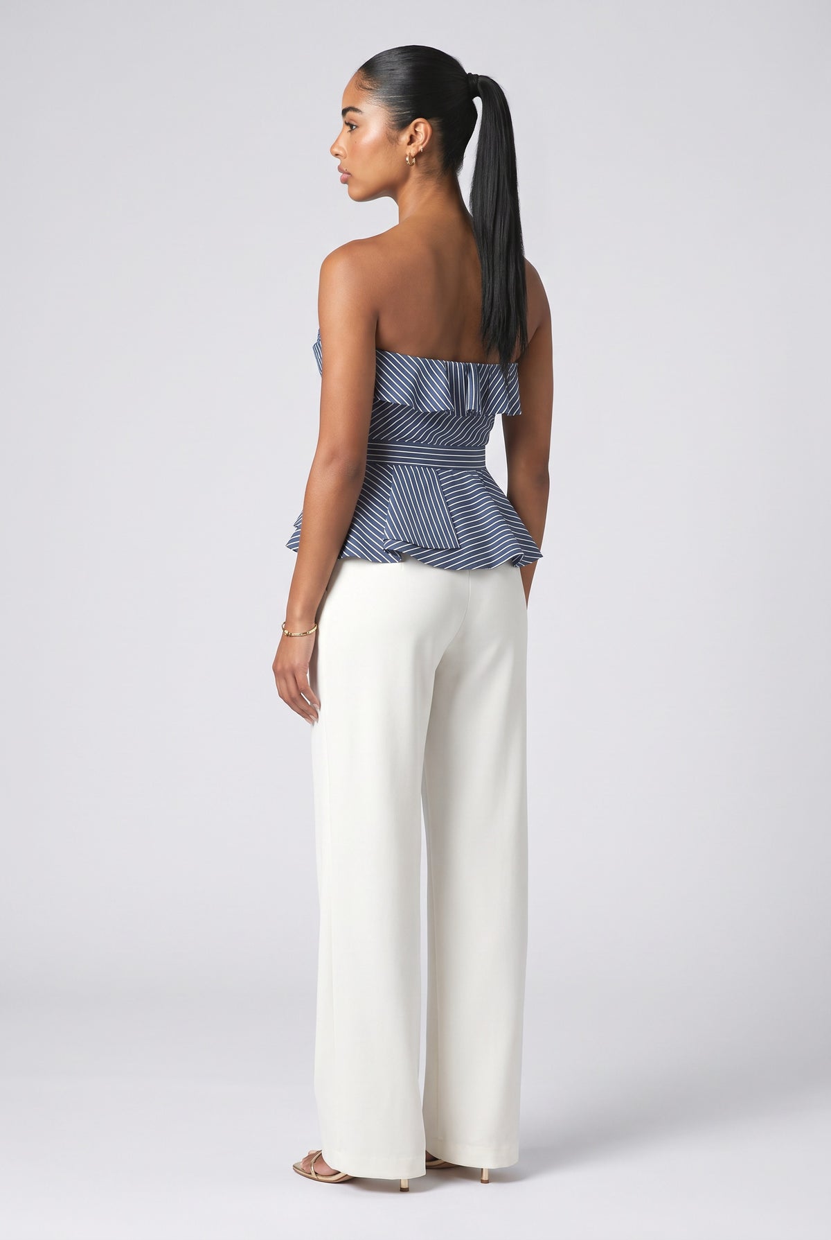 Navy Striped Off-Shoulder Ruffle Top, back view
