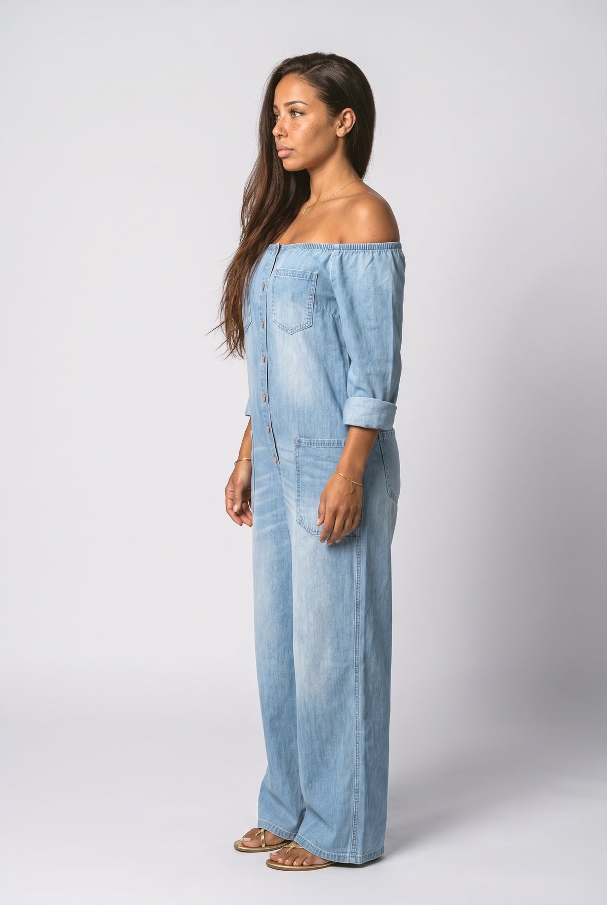 Denim Off-Shoulder Jumpsuit, back view