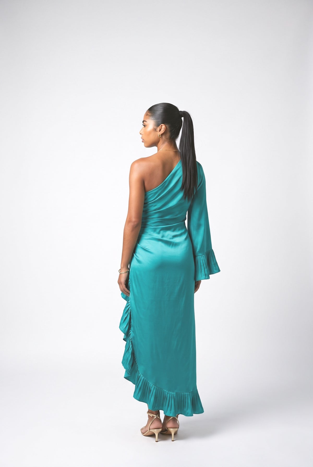 Blue Satin One-Shoulder Ruffle Maxi Dress, back view