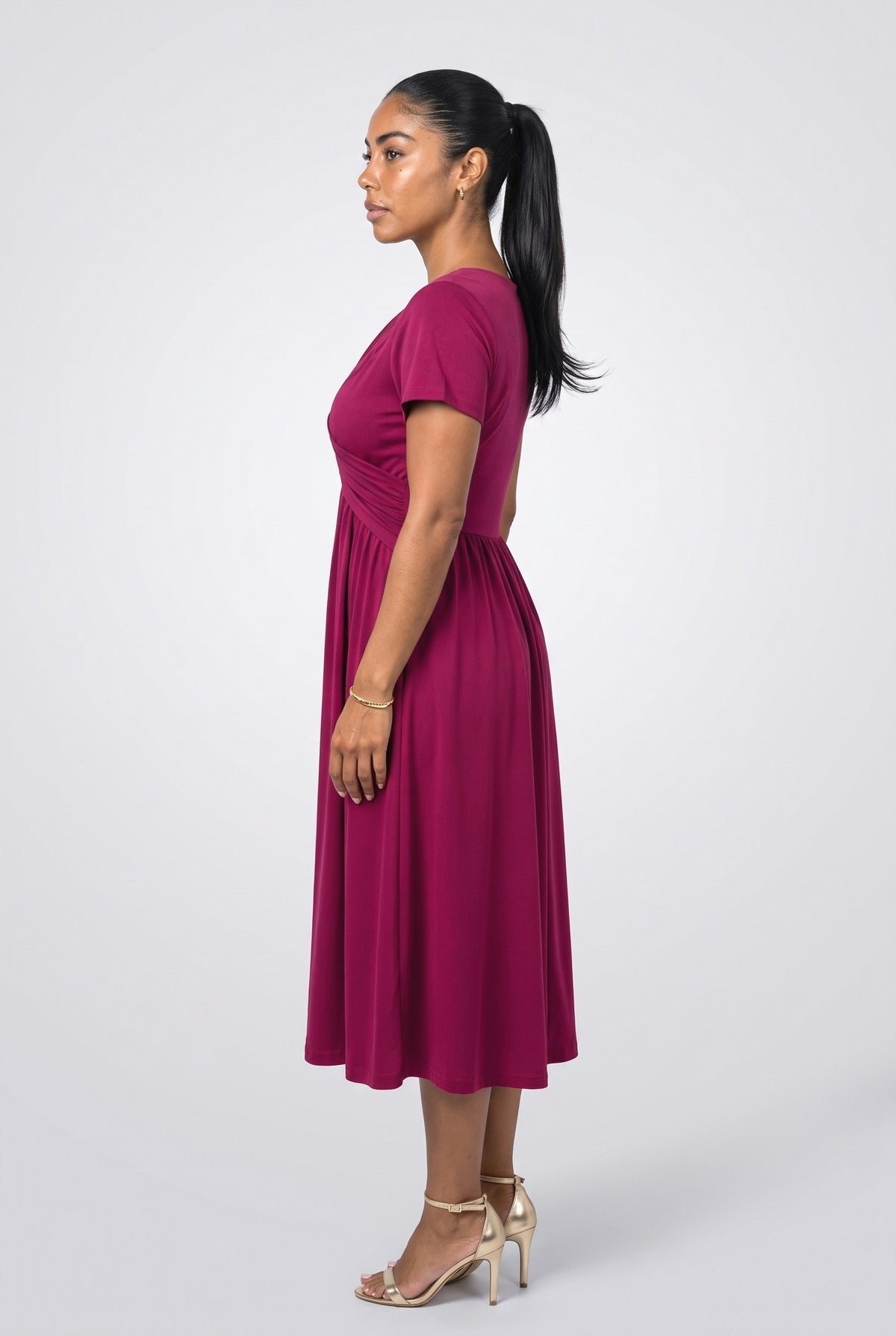 V-Neck Pleated Midi Dress, back view