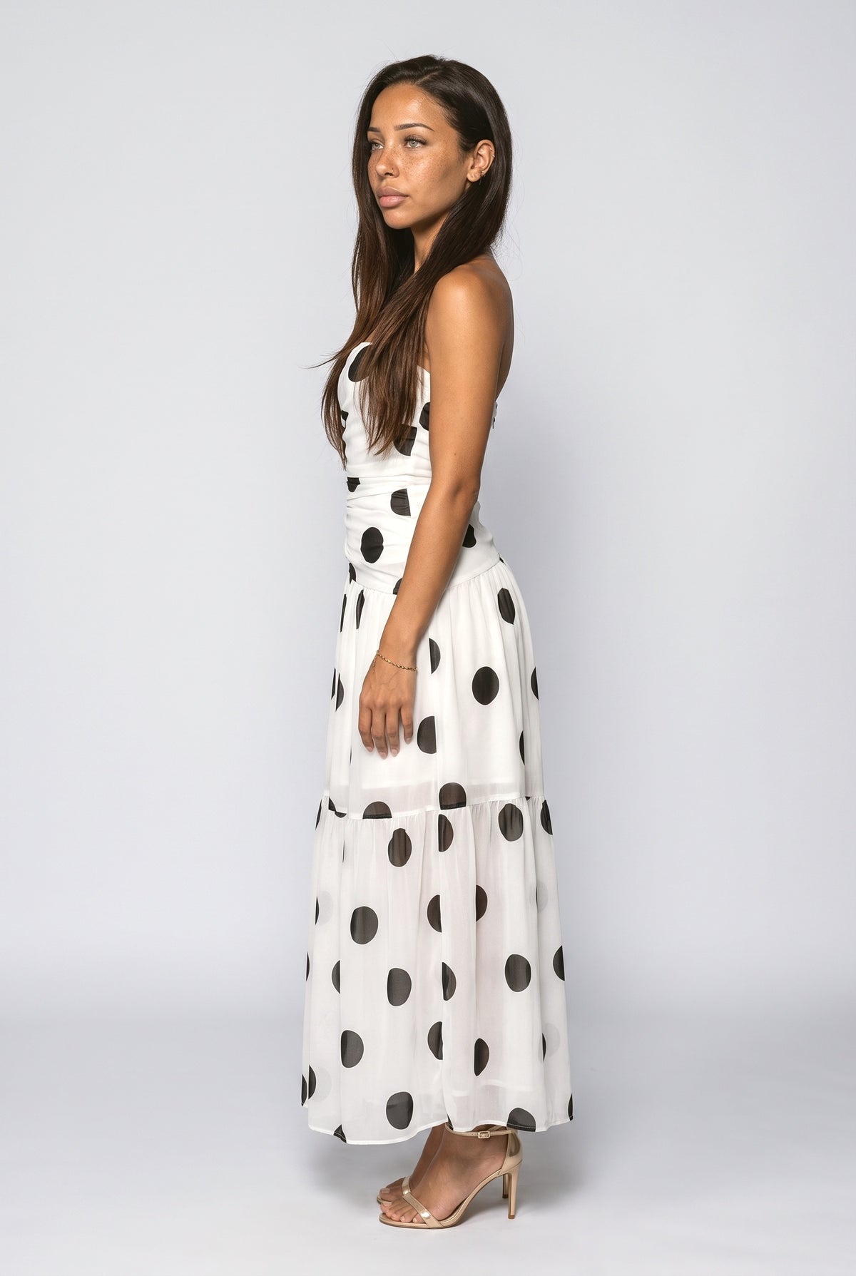 Sheer Polka Dot Tiered Midi Dress, back view