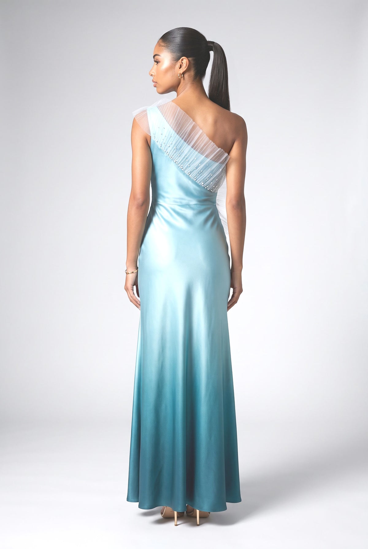 Gradient One-Shoulder Tulle Satin Maxi Dress, back view