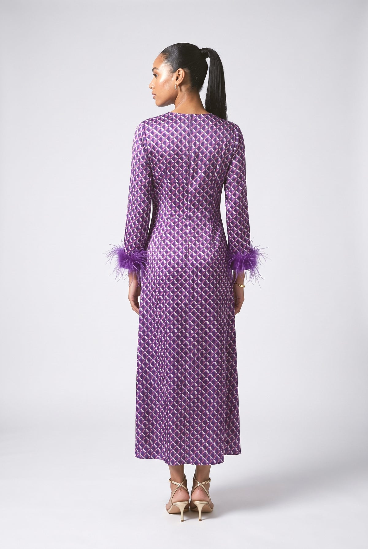 Purple Geometric Satin Feather Trim Maxi Dress, back view