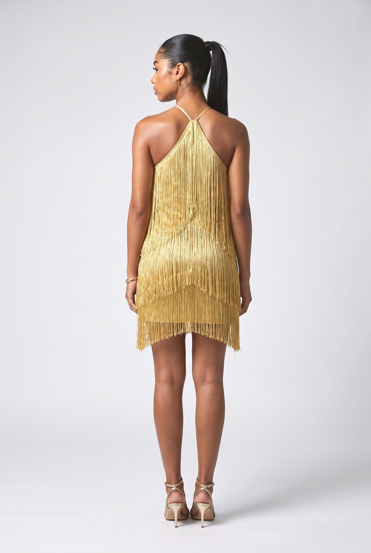 Gold Halter Neck Fringe Mini Dress, back view