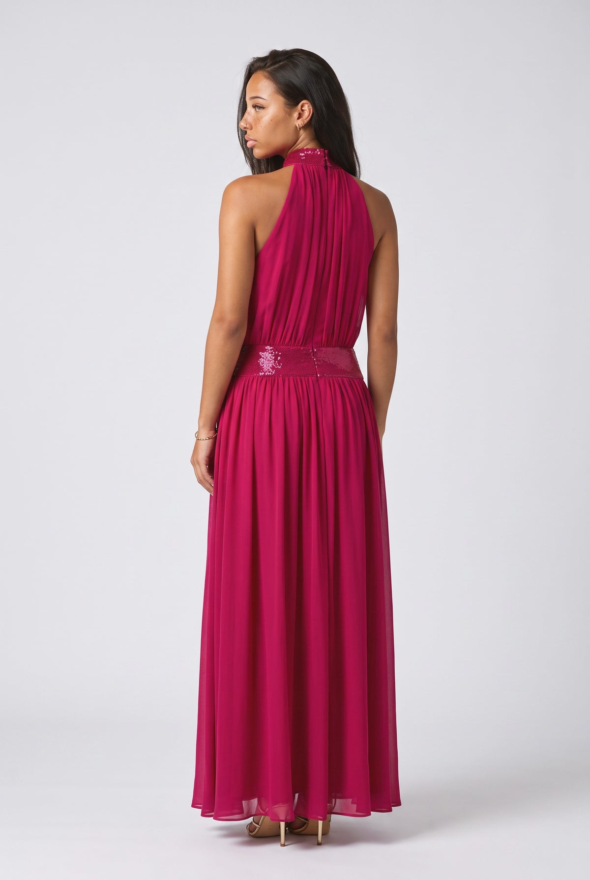 Halter Neck Sequin Chiffon Maxi Dress, back view
