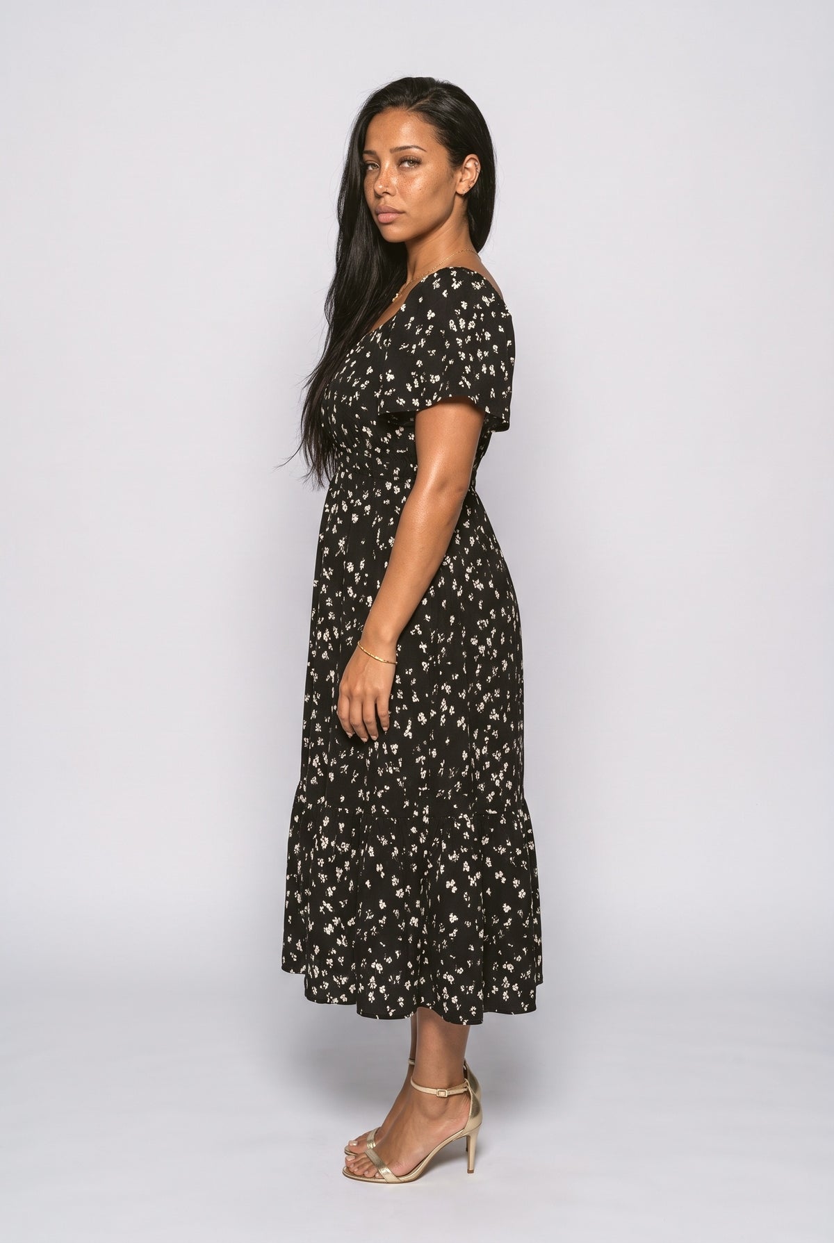 Square Neck Floral Tiered Midi Dress, back view