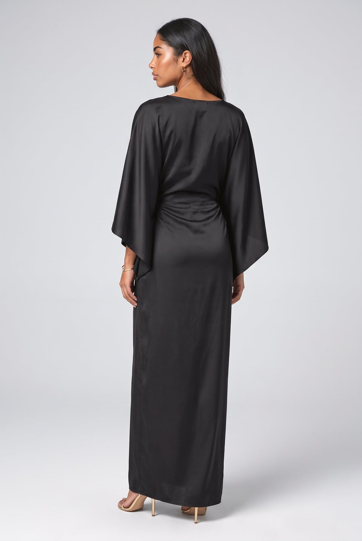 Black Satin Batwing Sleeve Pleated Maxi Dress, back view