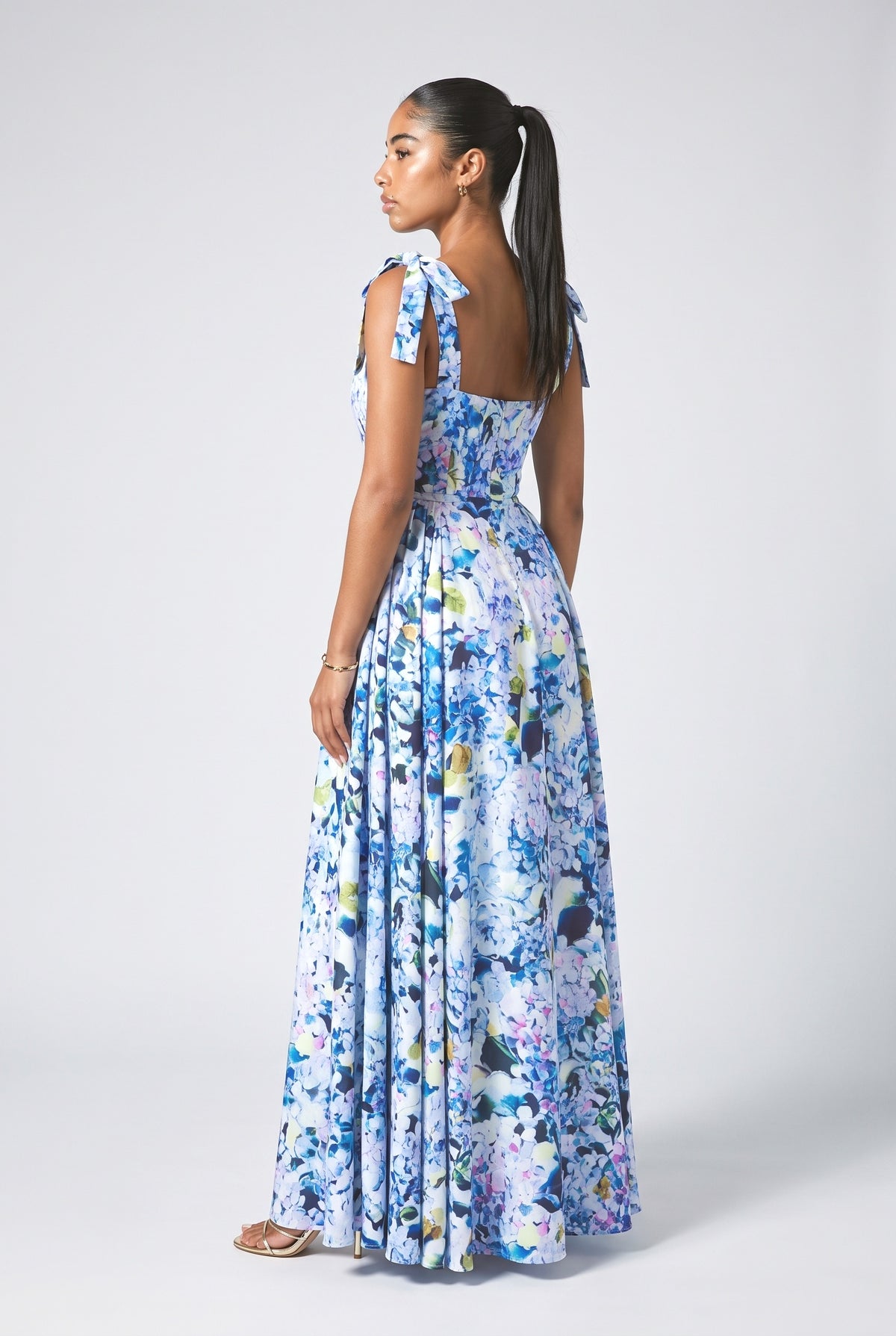 Bow Strap Hydrangea Print Maxi Dress, back view