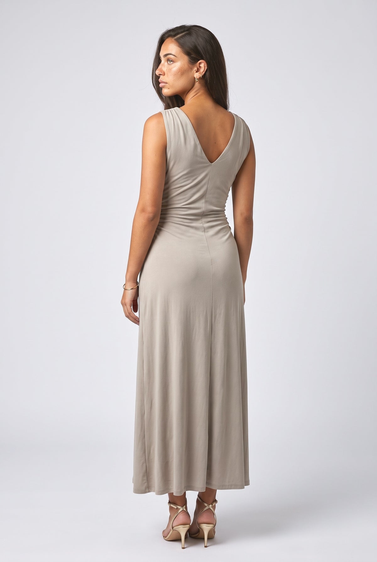 Beige V-Neck Ruched Maxi Dress, back view