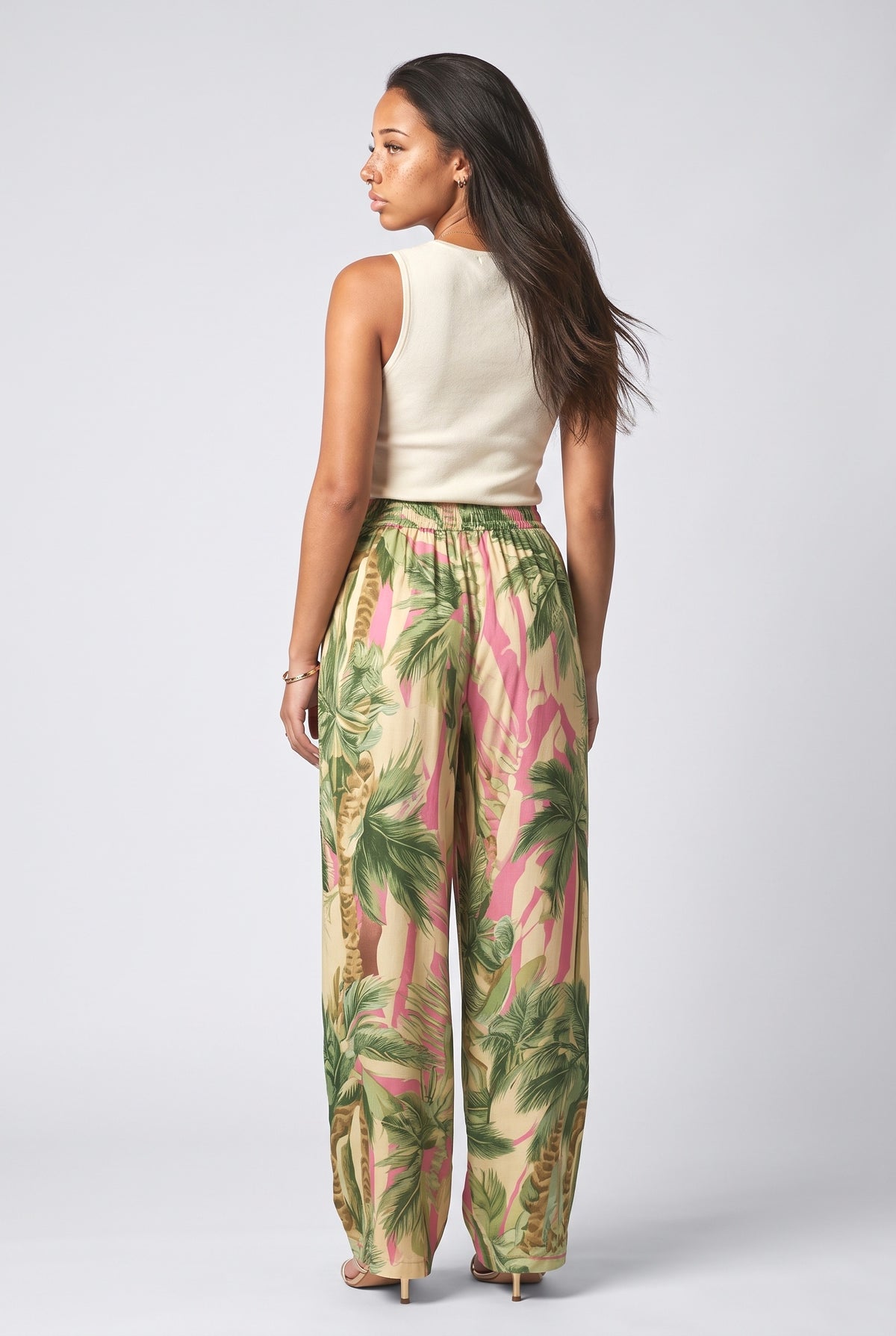 Bohemian Tropical Print High-Waist Wide-Leg Pants, back view