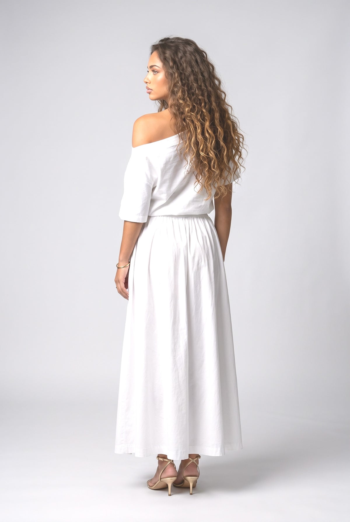 White Off-Shoulder A-Line Maxi Dress, back view