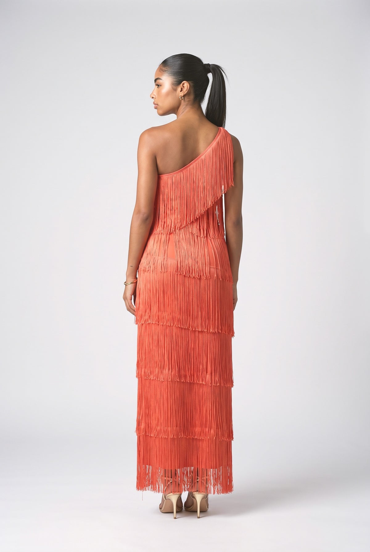 One-Shoulder Tiered Maxi Dress, back view