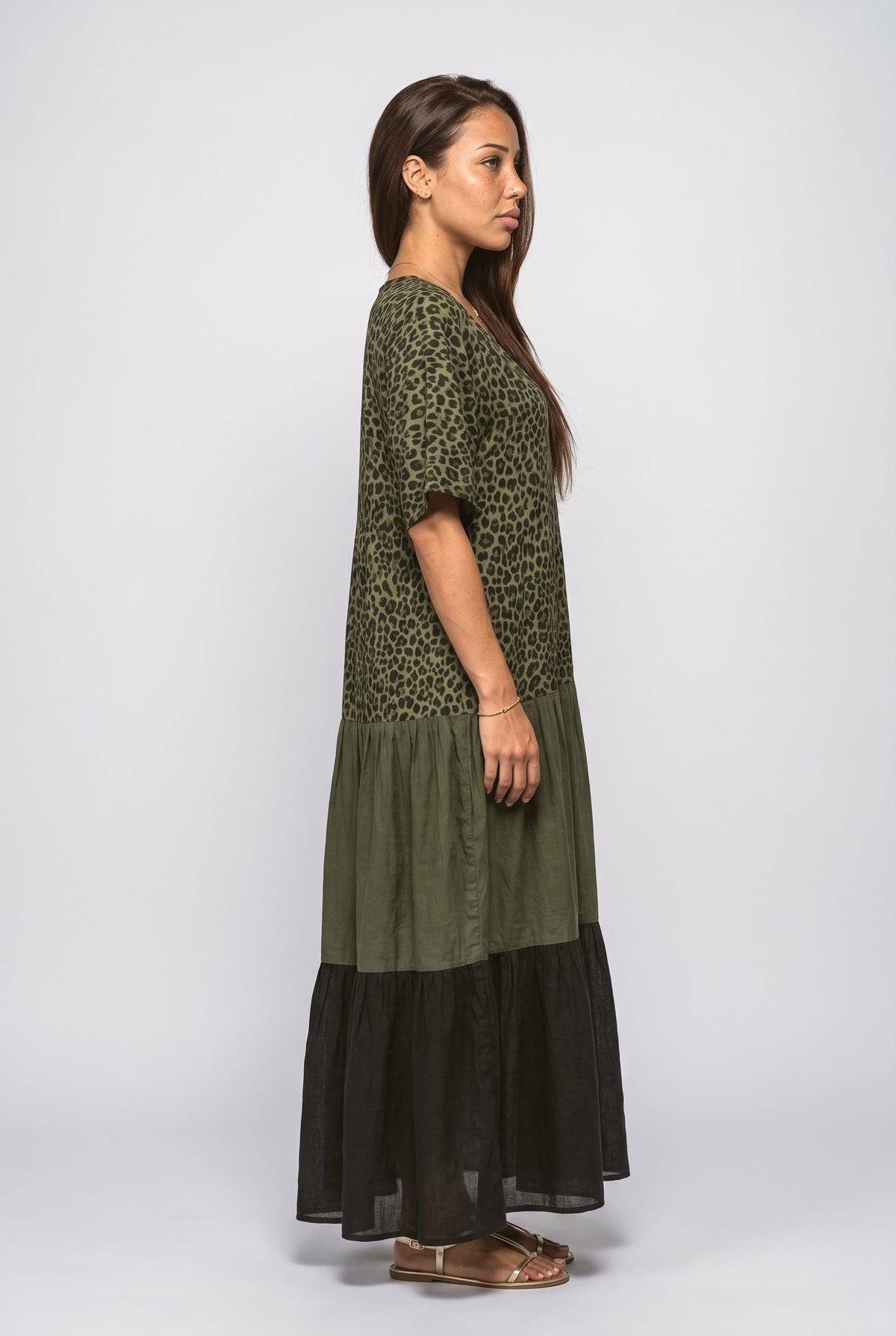 Green V-Neck Leopard Maxi Dress, back view