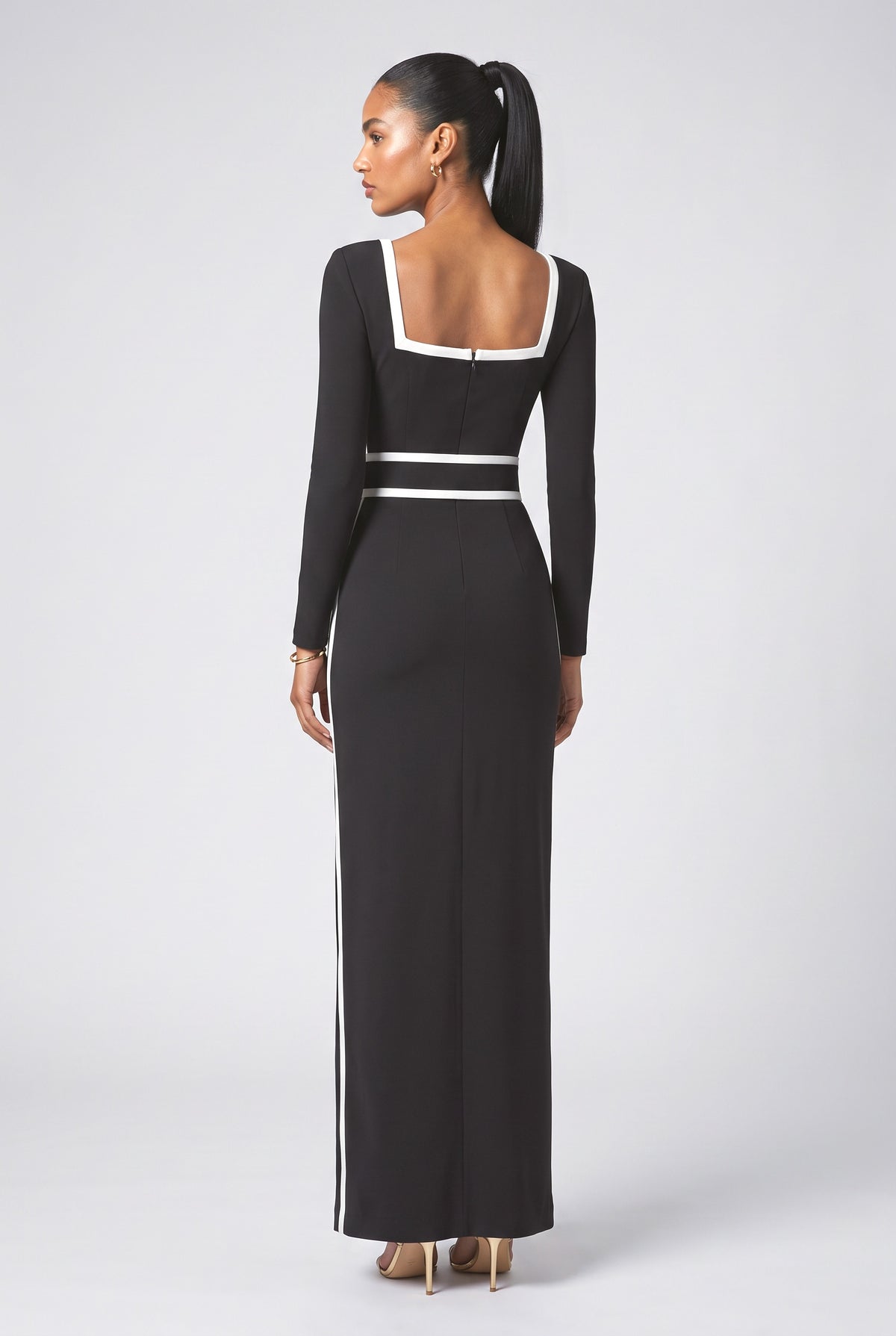 Black Square Neck Long Sleeve Maxi Dress, back view