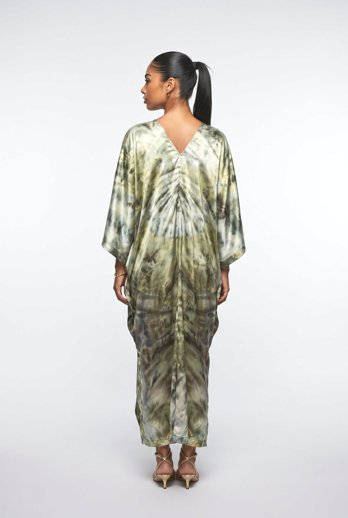 Green Tie-Dye Satin Maxi Dress, back view