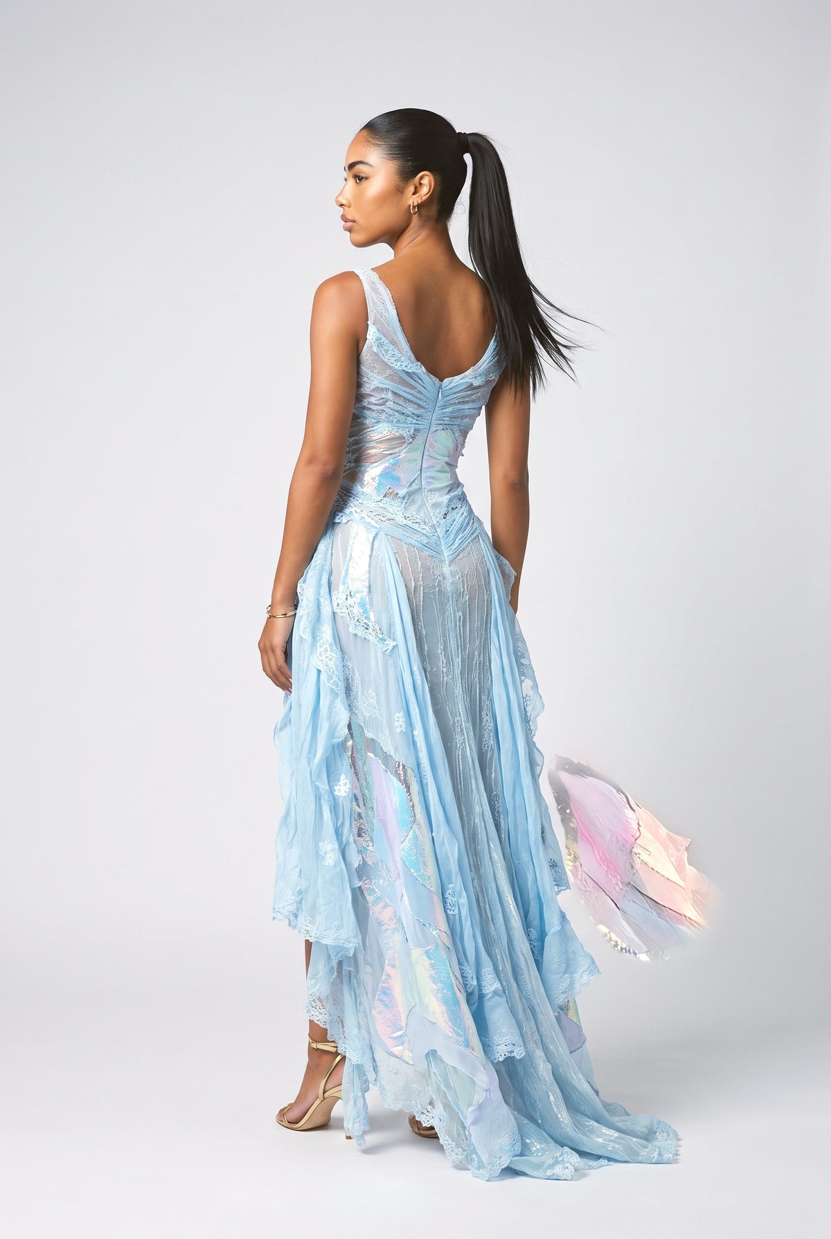 Pink Lace Ruffle Maxi Dress, back view