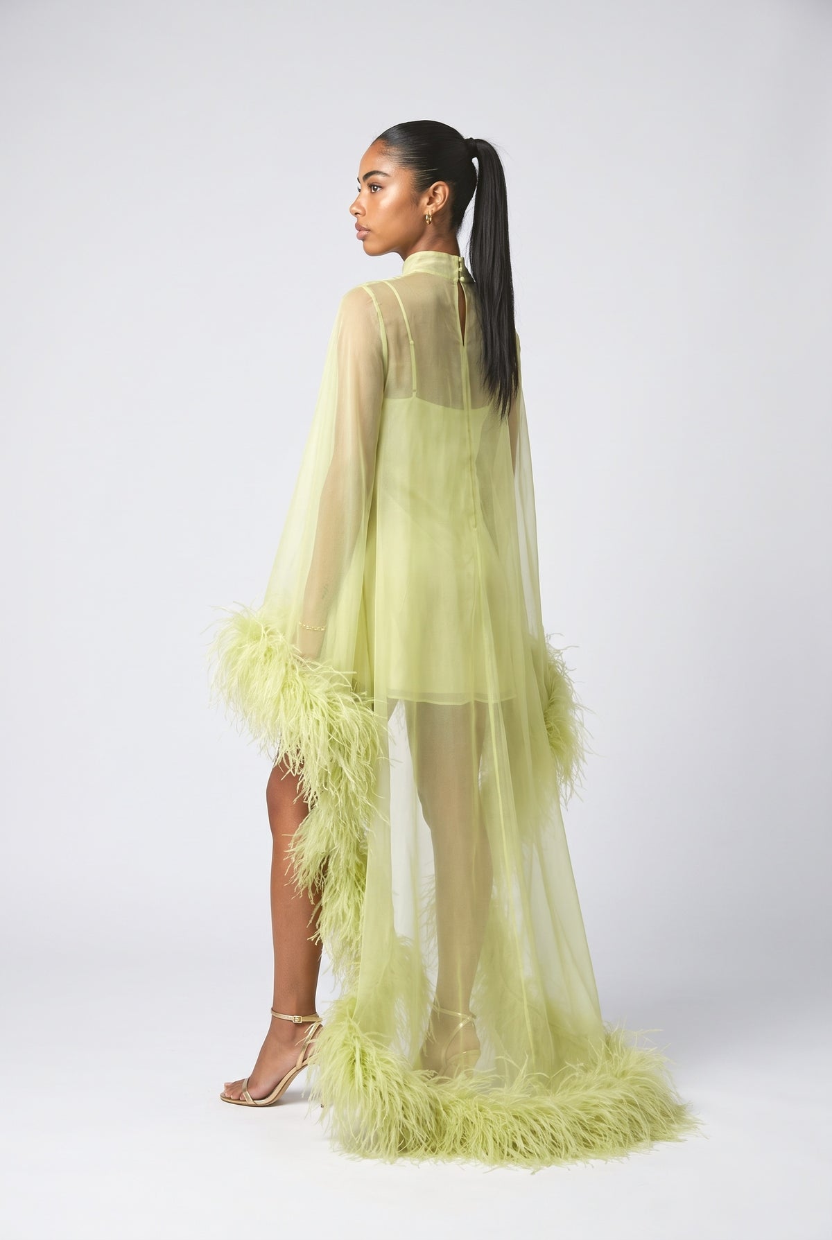 Green Chiffon Feather Trim Mini Dress, back view