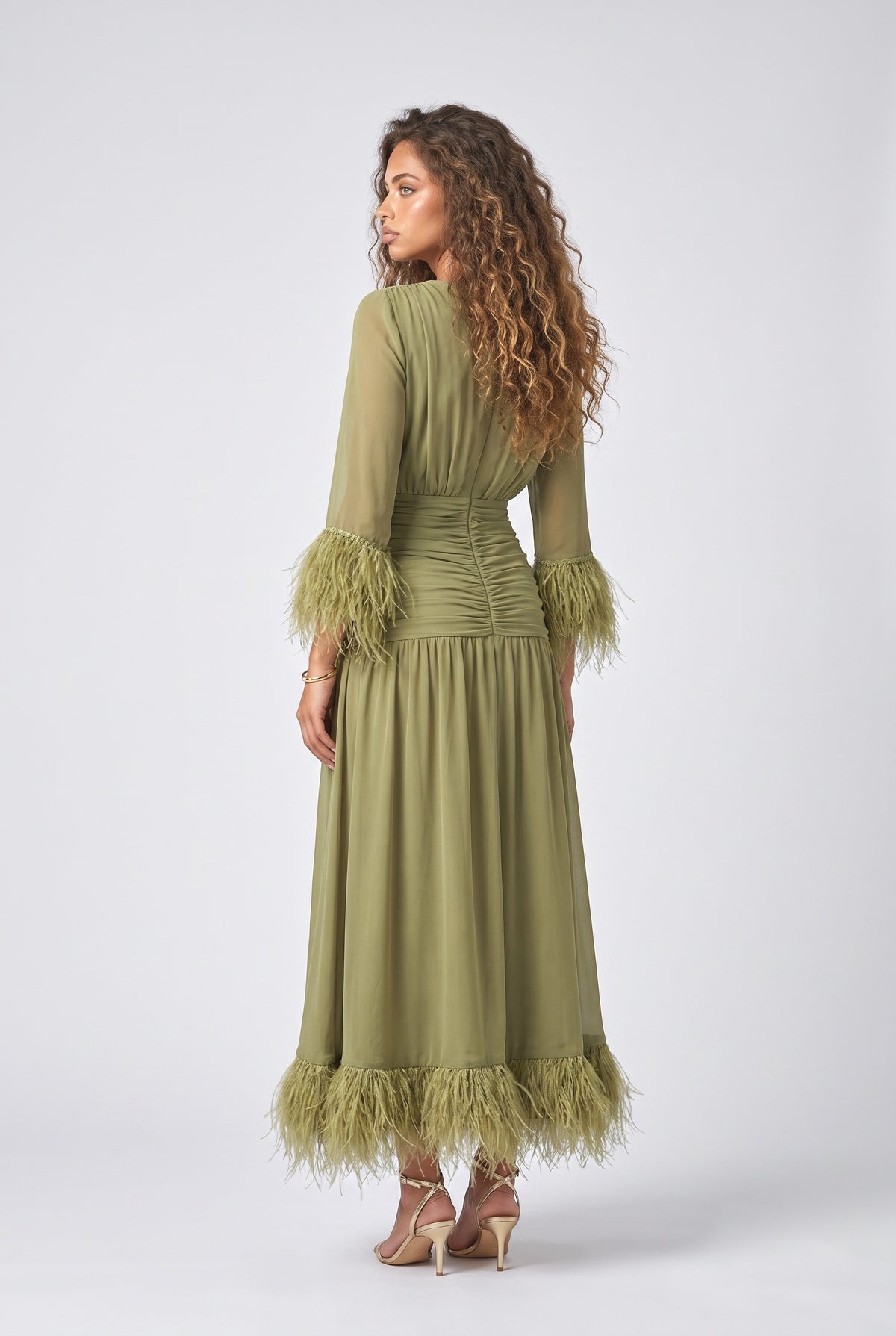 Chiffon V-Neck Feather Trim Maxi Dress, back view