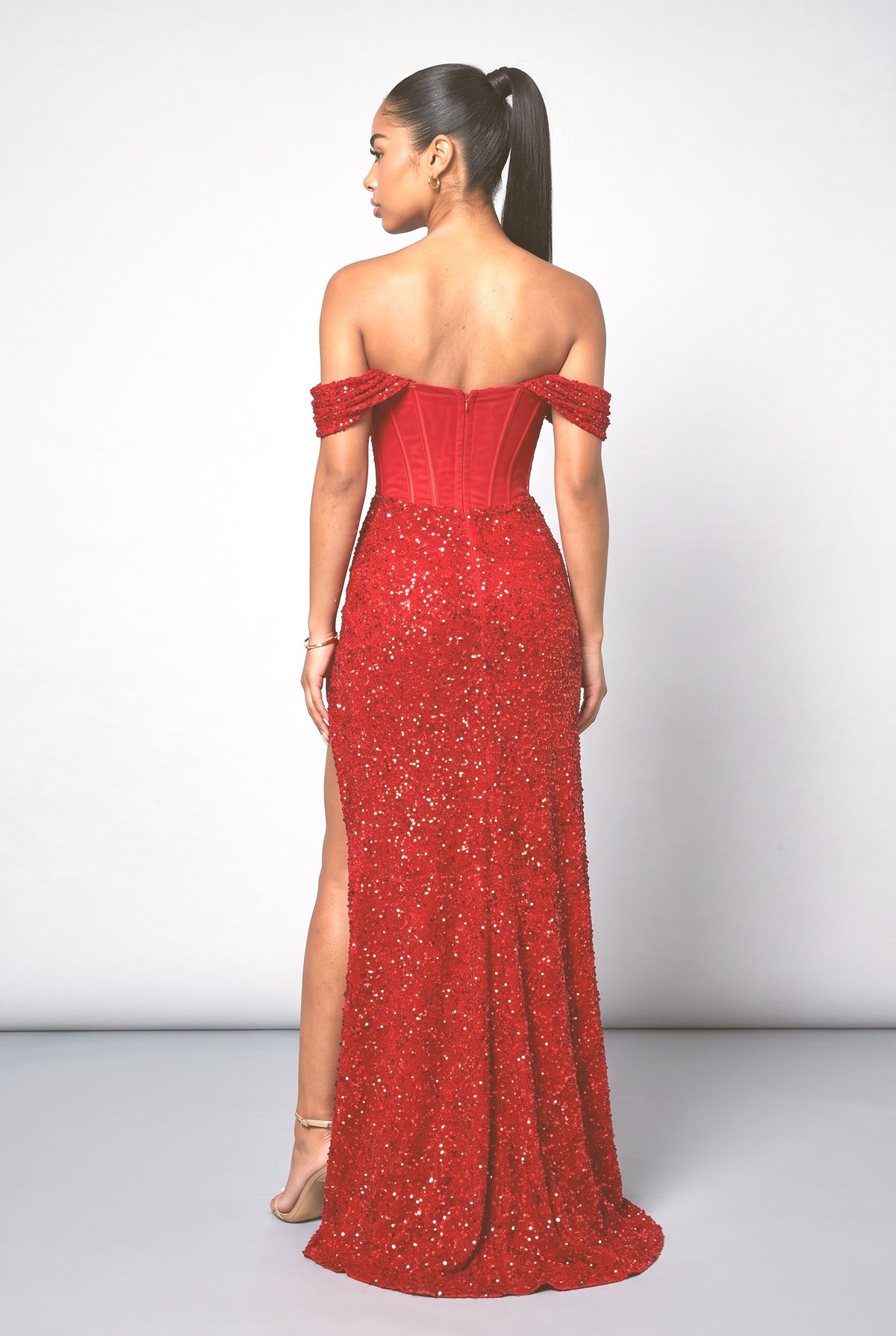 Red Sequin Off-Shoulder Slit Maxi Dress, back view