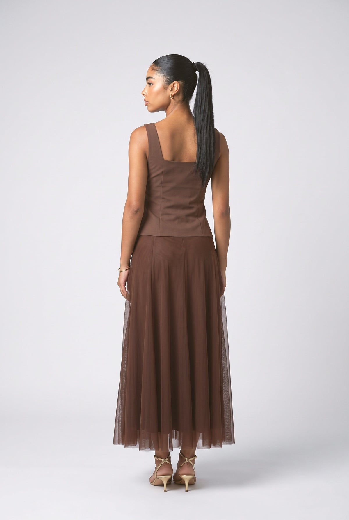 Brown Square Neck Outfit Set, back view