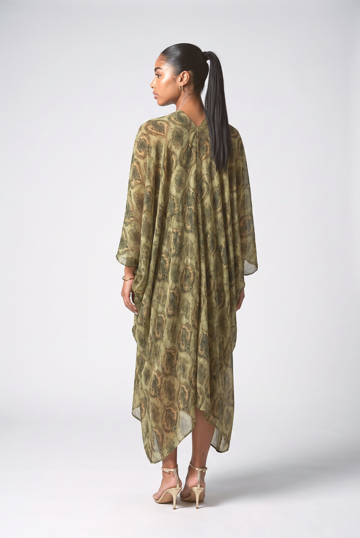 Green Paisley V-Neck Draped Maxi Dress, back view