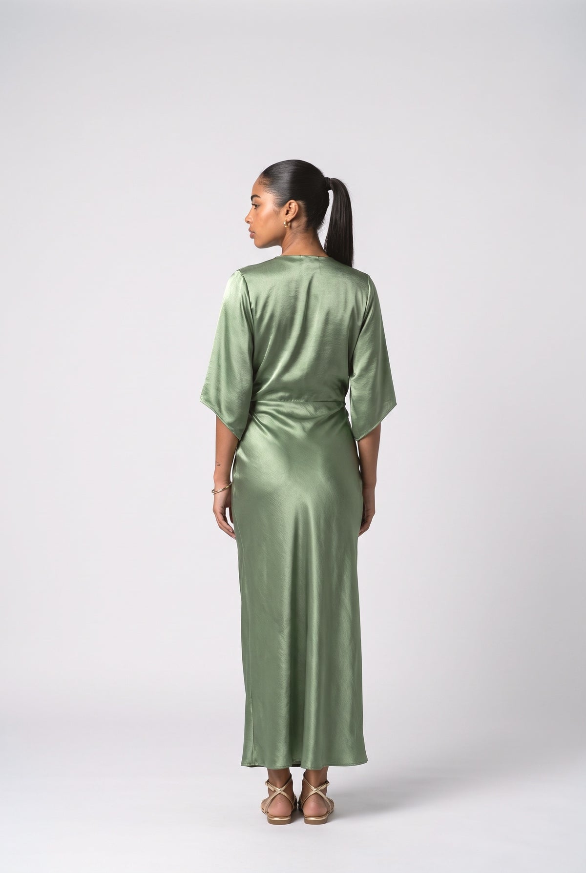 Green Satin V-Neck Wrap Maxi Dress, back view