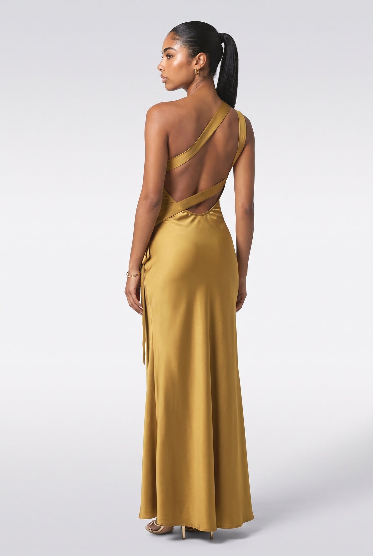 Satin One-Shoulder Ruched Maxi Dress, back view