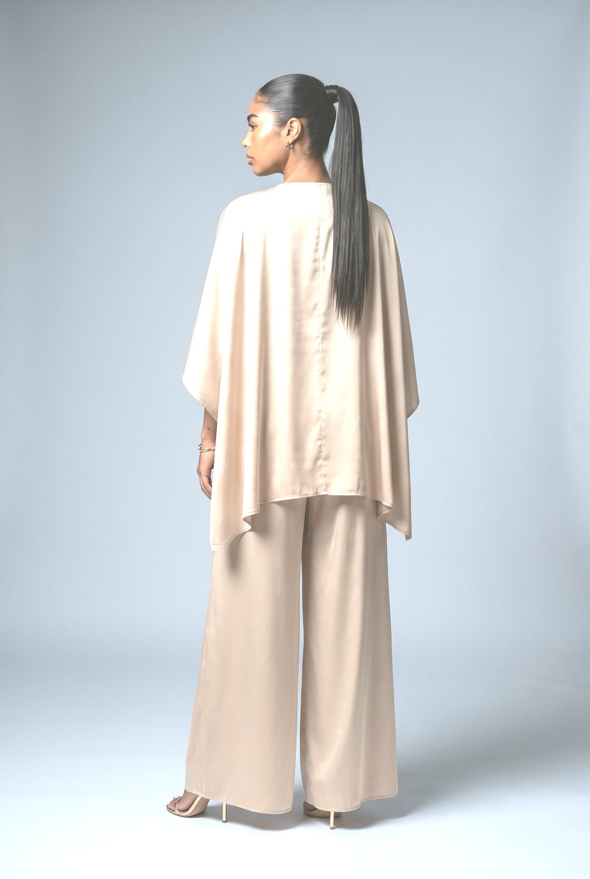 Beige Satin Cape Outfit Set, back view