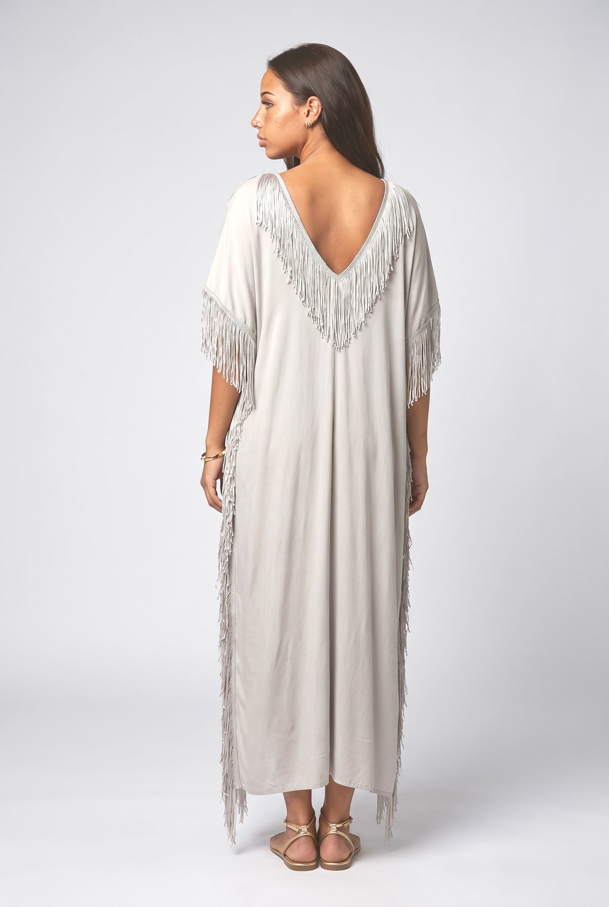 White V-Neck Fringe Maxi Dress, back view