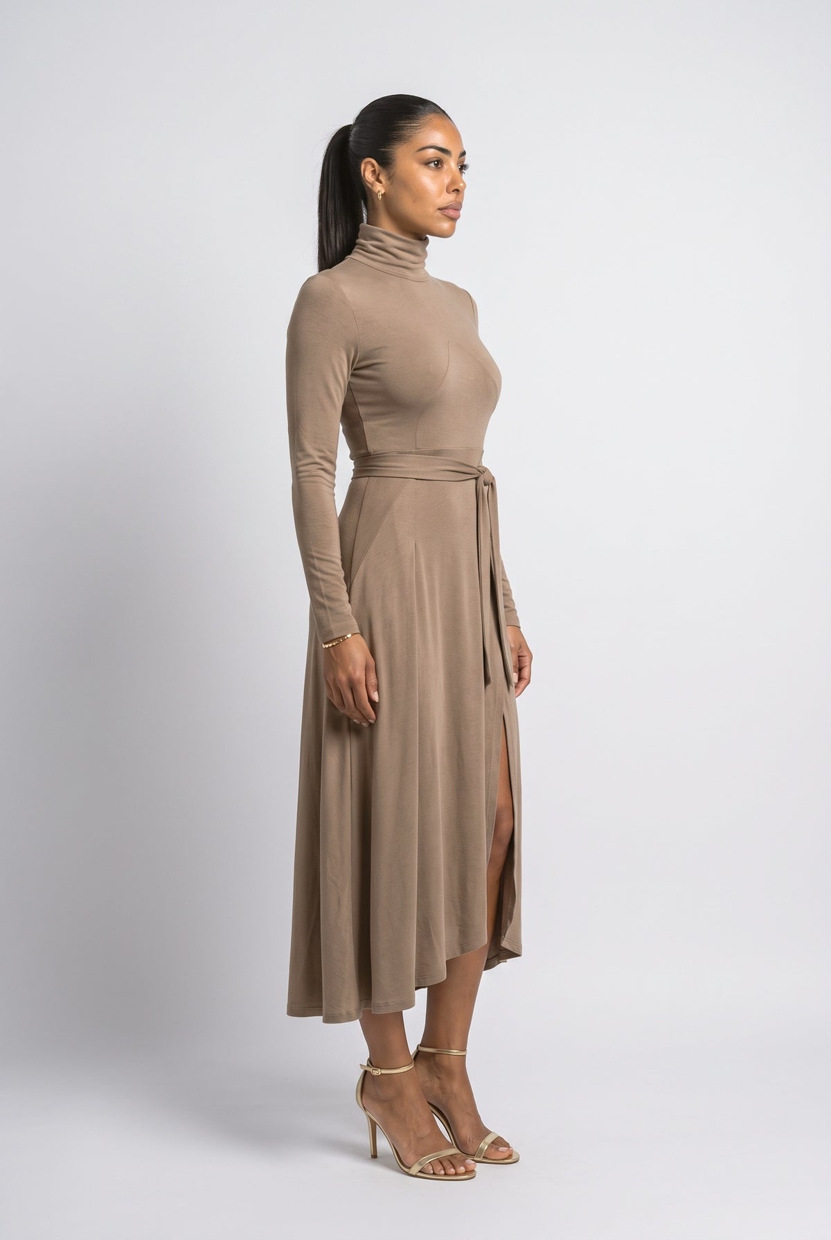 Brown Knit Turtleneck Midi Dress, back view