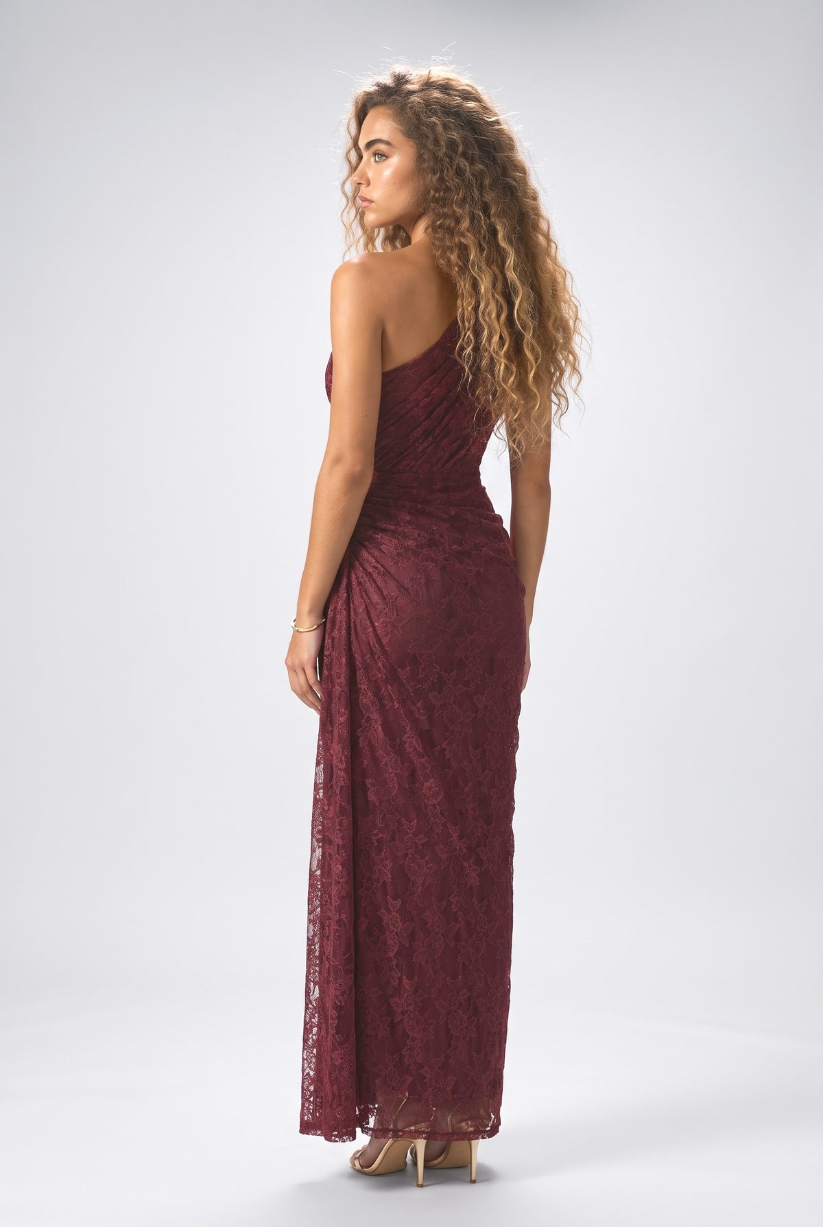 Lace One-Shoulder Draped Maxi Dress, back view