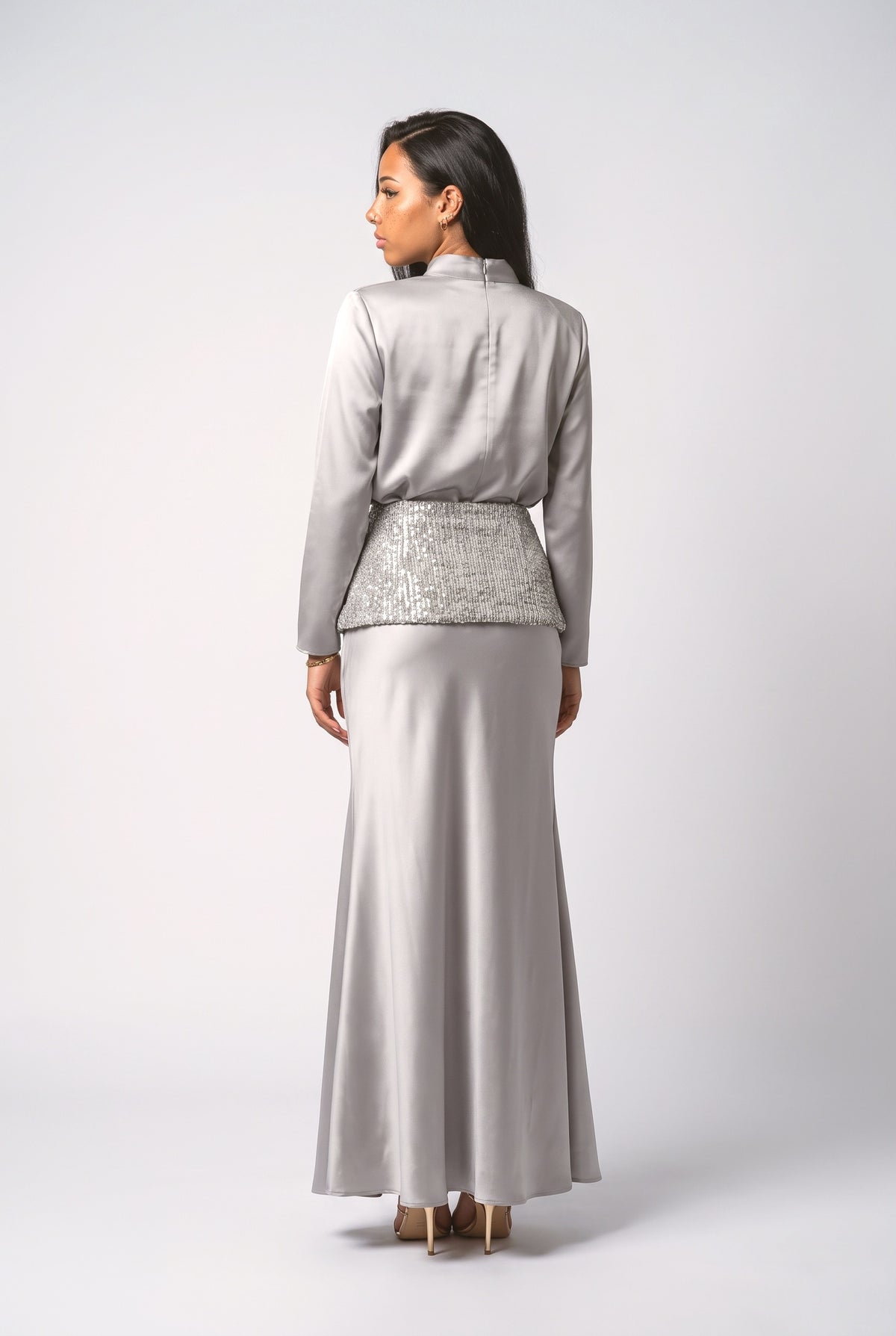 Gray Satin Mermaid Outfit Set, back view