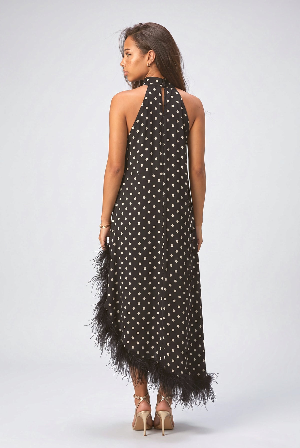 Black Polka Dot Halter Neck Feather Trim Maxi Dress, back view