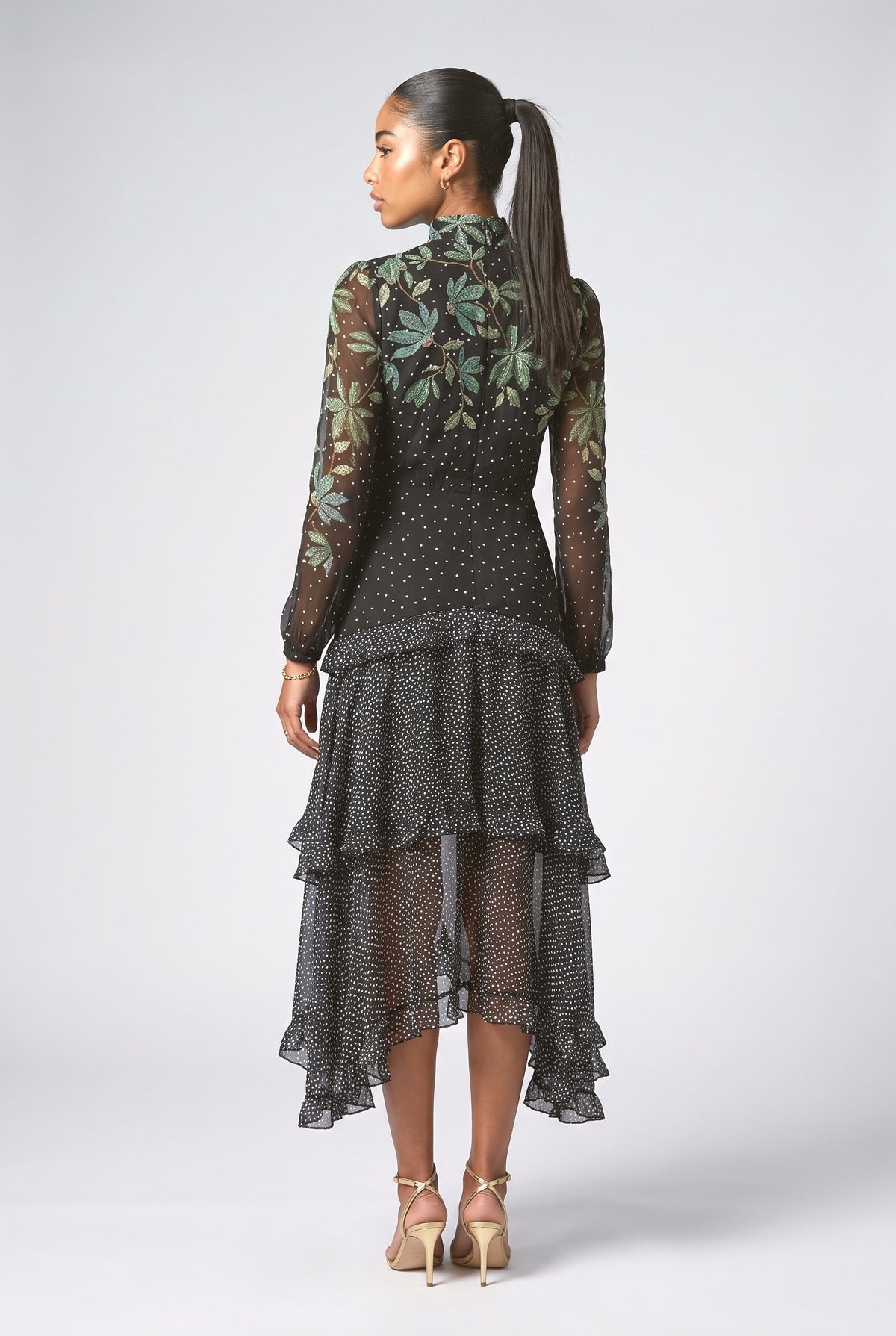 Black Floral Ruffle Midi Dress, back view
