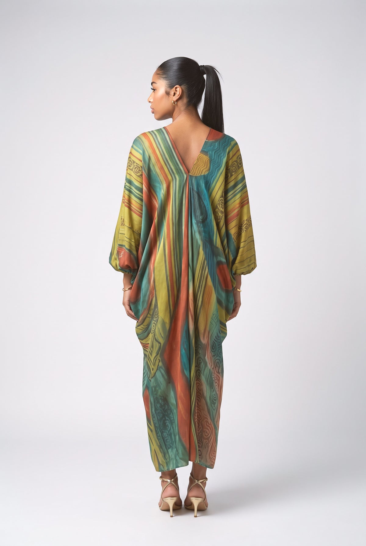 Green Abstract V-Neck Maxi Dress, back view