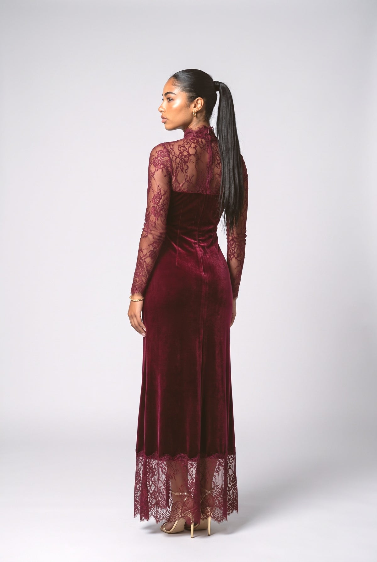 Red Lace High Neck Maxi Dress, back view