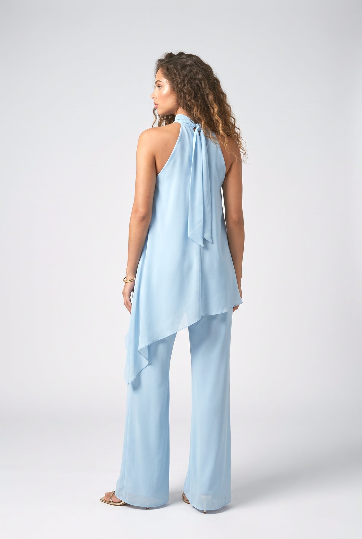 Chiffon Halter Neck Asymmetric Outfit Set, back view
