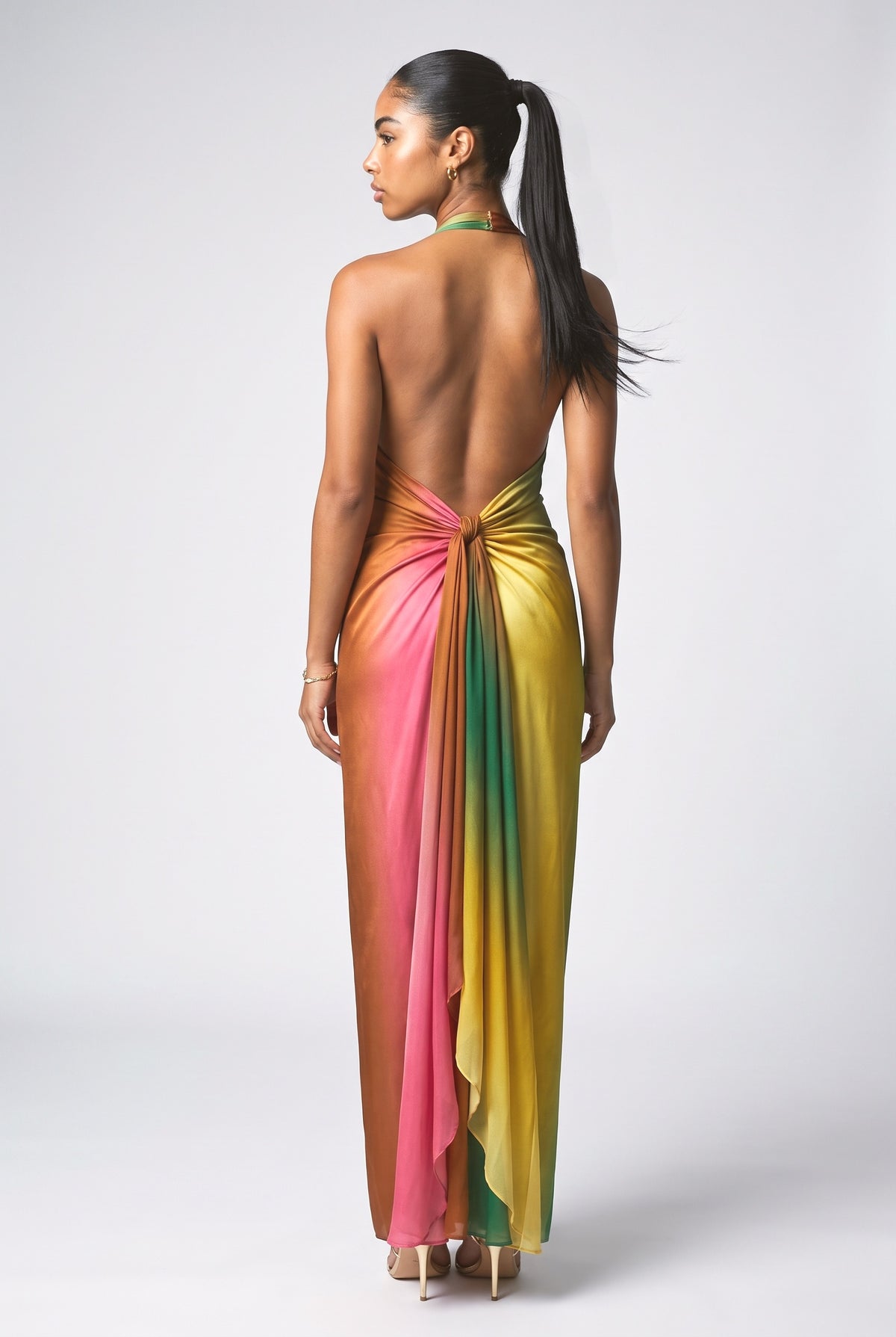 Vibrant Deep V-Neck Backless Maxi Dress, back view