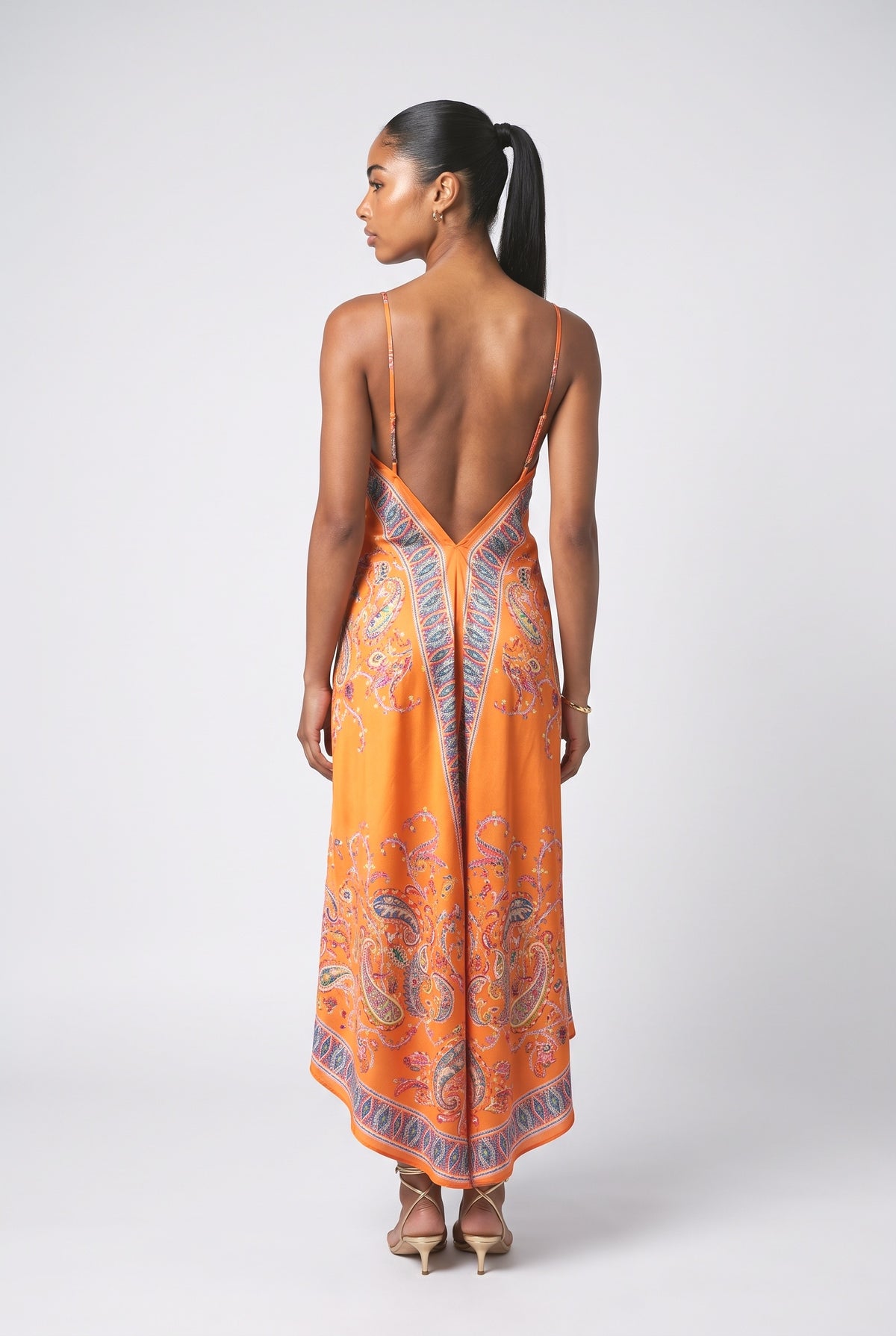 Orange Paisley Satin Backless Strappy Maxi Dress, back view