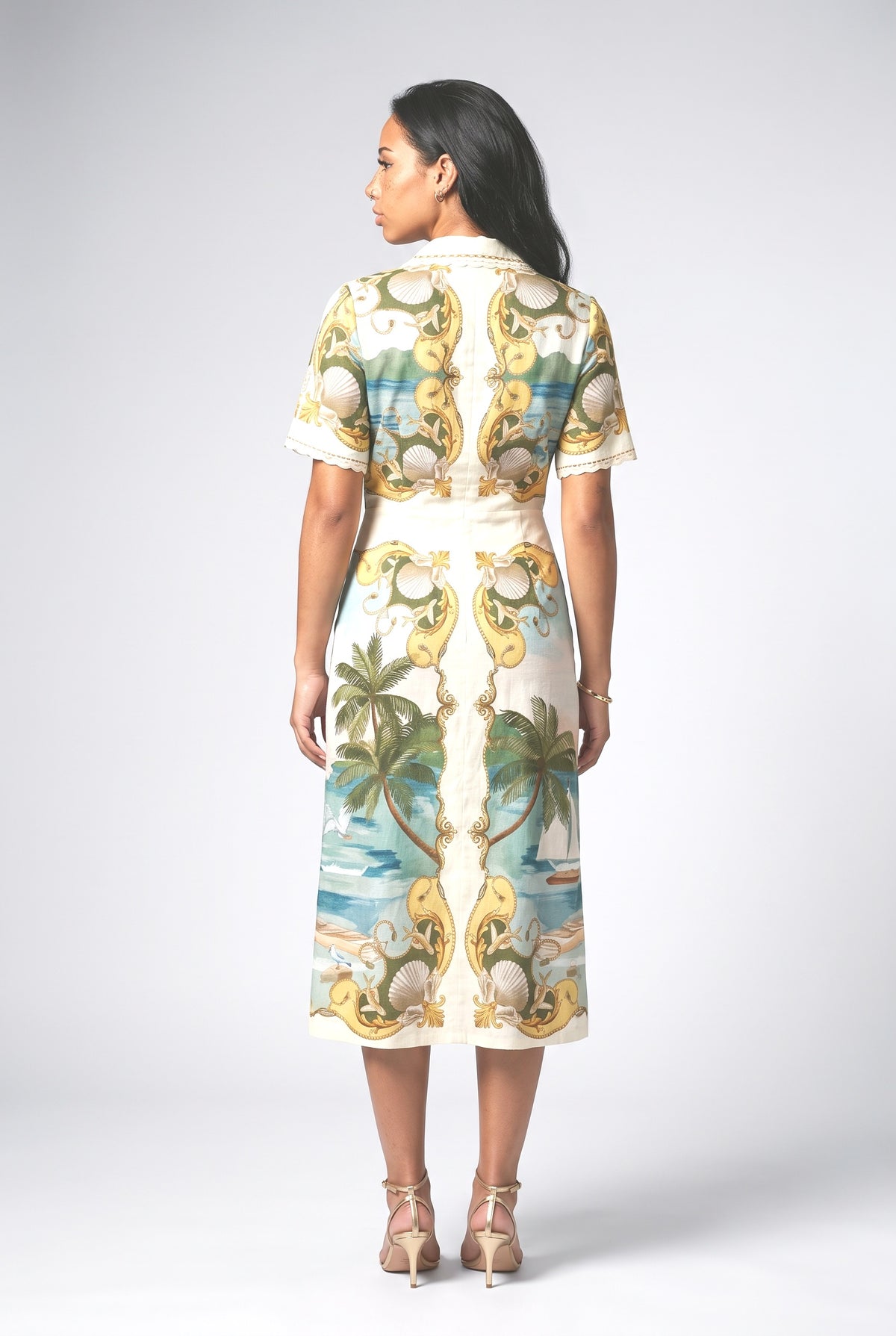 Palm & Shell Print Button Front Midi Dress, back view