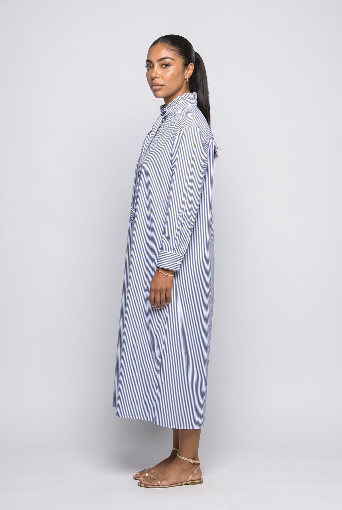 Blue Striped Long Sleeve Midi Dress, back view