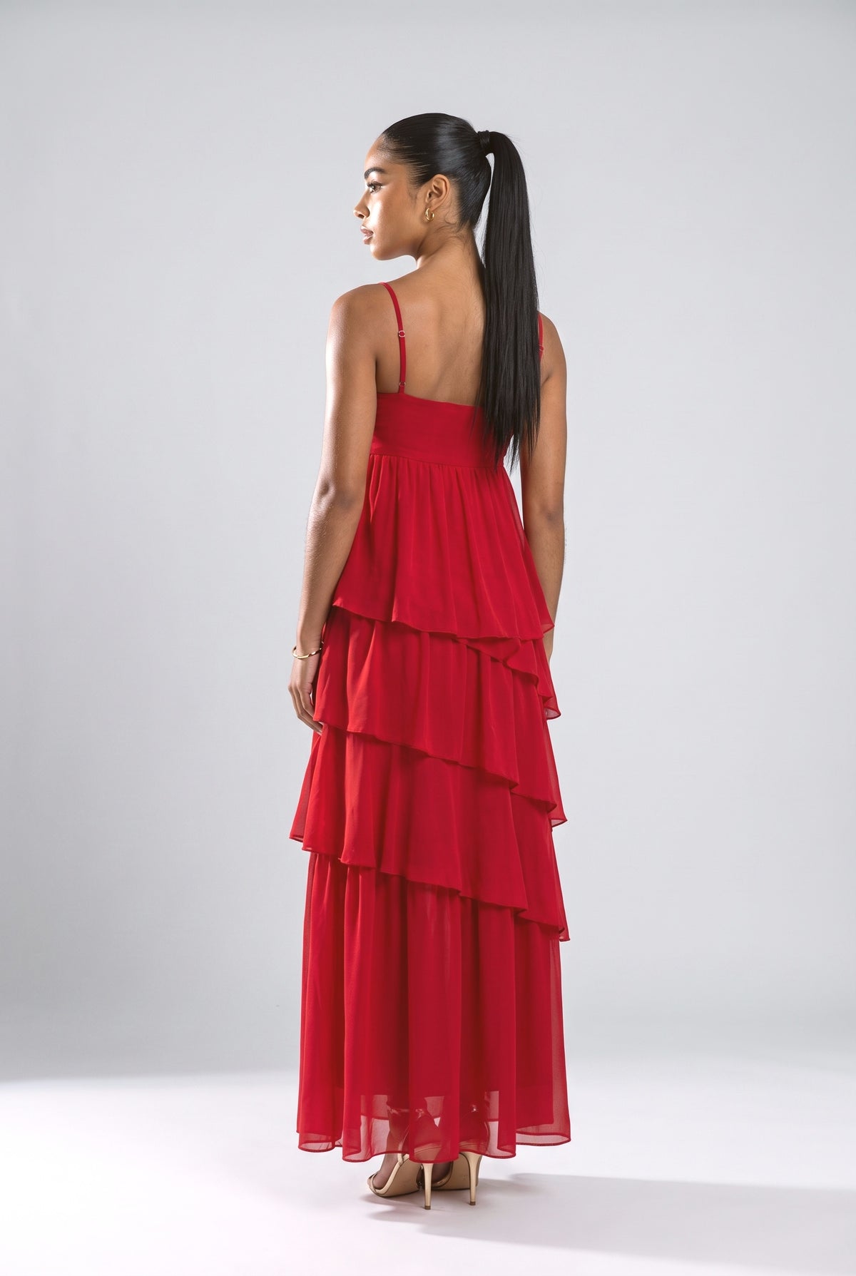 Red Strappy Ruffle Maxi Dress, back view