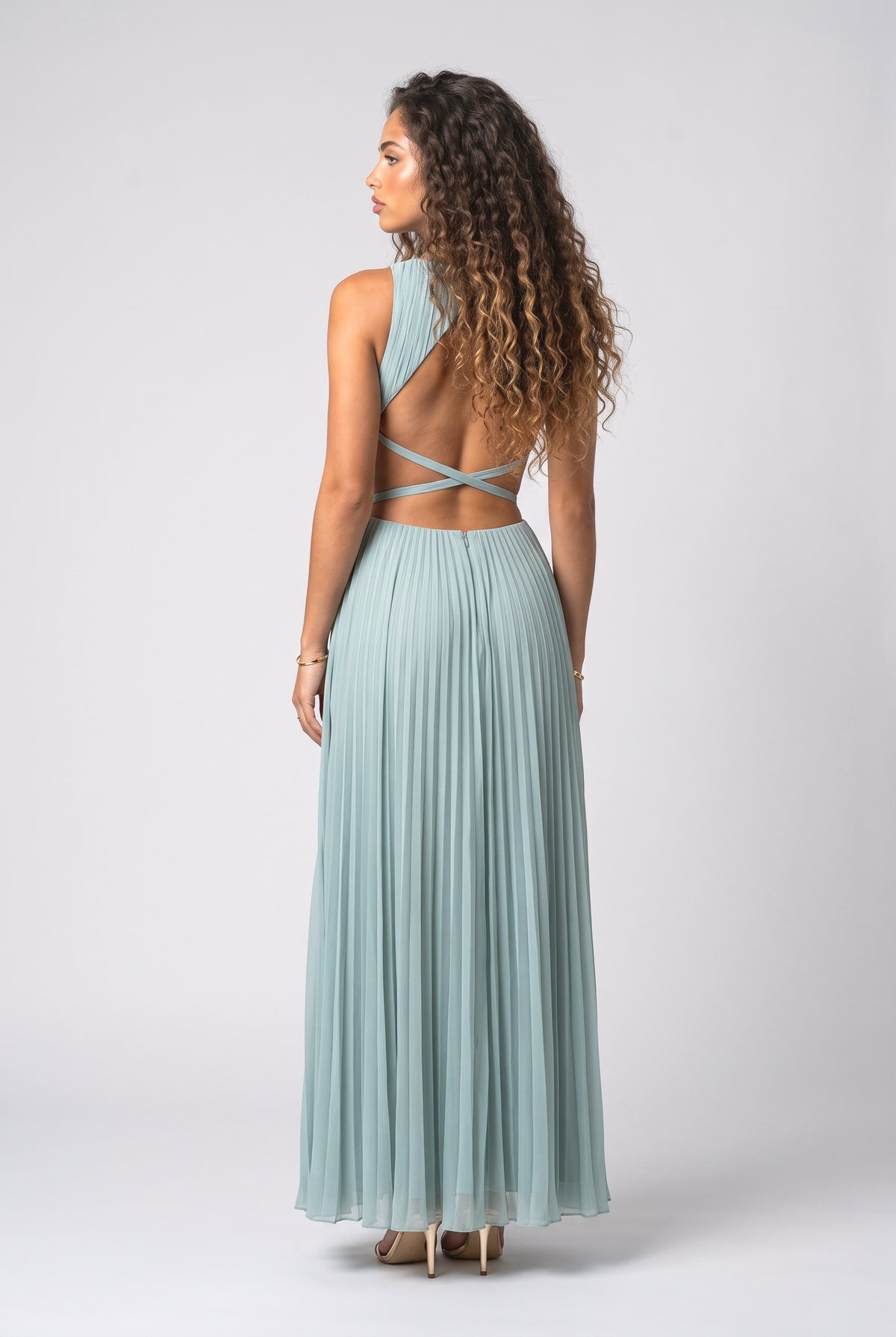 Blue Sleeveless Pleated Maxi Dress, back view