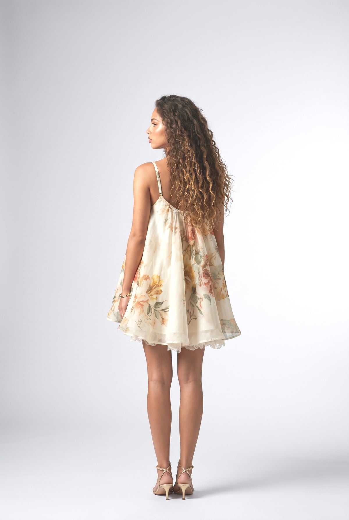 Beige Floral Lace Mini Dress, back view