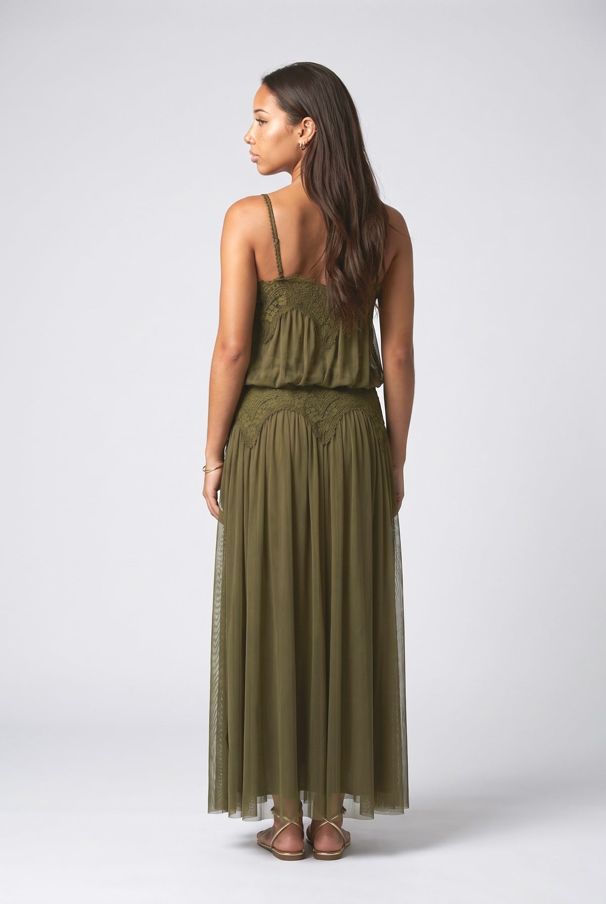 Lace Spaghetti Strap Mesh Maxi Dress, back view